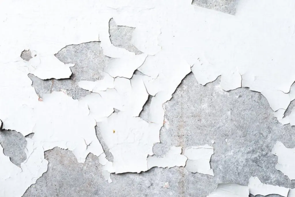 White interior wall paint peeling and flaking away from the surface